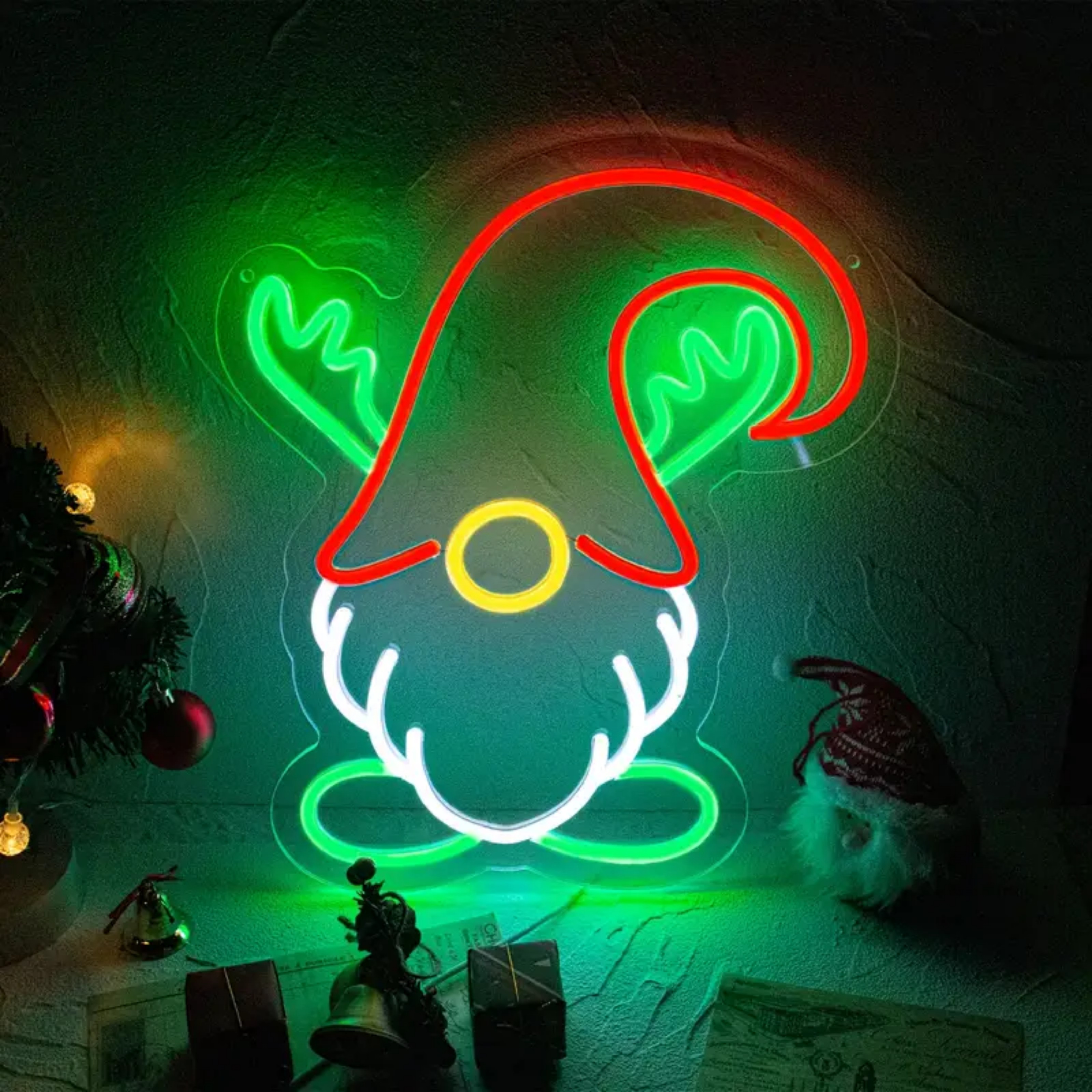 UPONRAY Christmas Gnome Neon Signs, 15"*12.3" Dimmable & USB-Powered LED Neon Light, Stylish Wall Decor for Christmas Tree, Bed Room, Living Room, Party, Bar