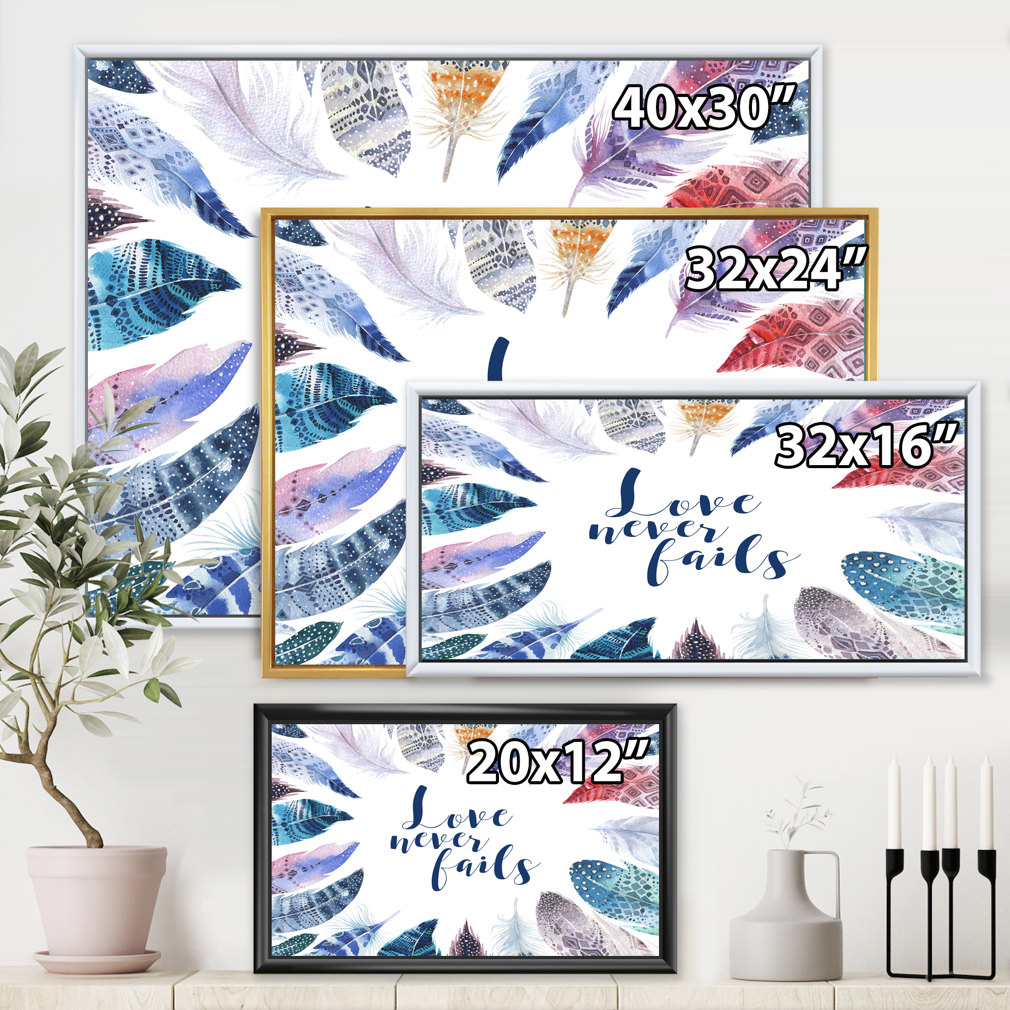 Inspiring Quote With Boho Feathers 32 in x 16 in Framed Painting Canvas Art Print, by Designart