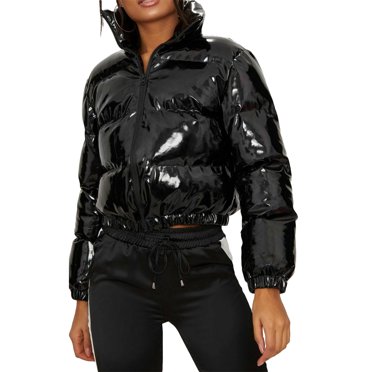 Veste Courte Matelassée pour Femmes Hiver Brillante Fermeture Éclair Courte Manteaux Bouffants