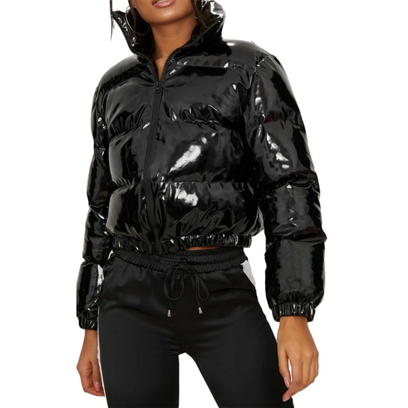 Douhoow Quilted Puffer Jacket for Women Autumn Solid Zipper Turtleneck Short Coat