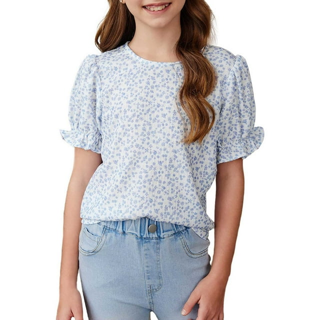 LIJCC Chemise Boho à Manches Bouffantes pour Filles, Haut de Mode pour Filles, T-shirt à Col Rond Ample à Manches Courtes