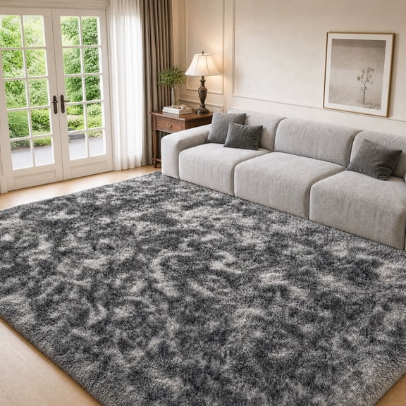 Lanbertent 9ft x 12ft Shag Area Rug, Soft Fluffy Rugs for Living Room Bedroom, Modern Tie-dye Home Carpet, Dark Gray