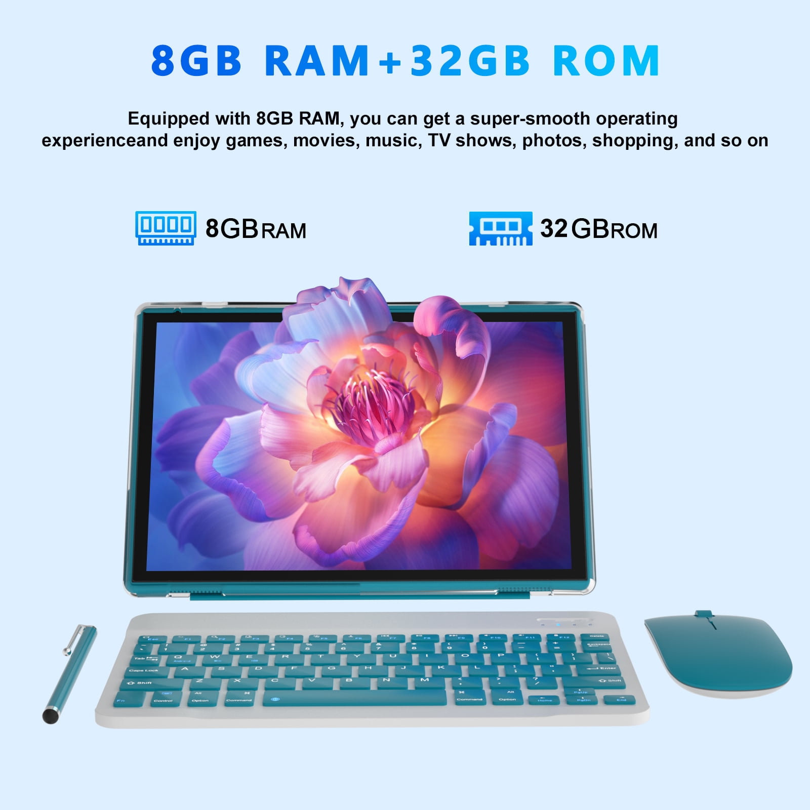 Android 15 Tablet 10 Inch Tablets 2 in 1 Tablet With Keyboard Include Mouse Case Stylus 5G Wifi Wifi6 32GB ROM+8GB RAM 10 IN IPS 2MP+8MP Camera 6000mAh Battery 10.1" Android Tab
