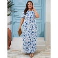 thumbnail image 3 of SHOWMALL Women's Plus Size Short Sleeve Maxi Dress, Blue Chinoiserie Floral 3X Side Slit Rounded Hem Long T-Shirt Dress with Pockets for Vacation & Casual Wear, 3 of 7