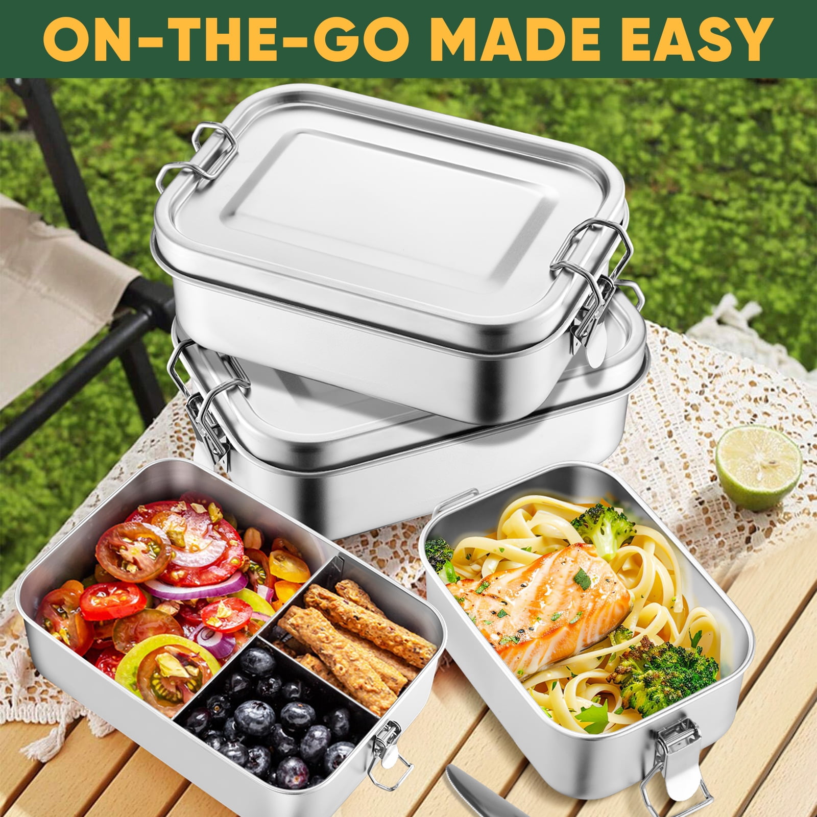 Vesteel Bento Box Set of 3 (47oz /29oz /18.6oz), Stainless Steel Lunch Box Metal Food Storage Container with Removable Dividers, Portable & Leak-Proof Meal Prep Container with 3 Compartment