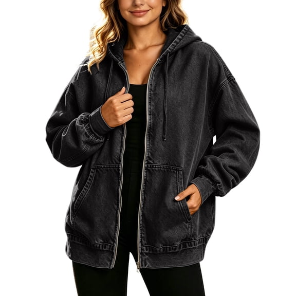 Drovellove Women's Denim Jacket with Hood and Zipper – Long Sleeve Loose Fit Button Up Shirt with Pockets, Casual Fashion Outerwear for Spring, Winter, Birthday, Party, Date Night, Work, Travel