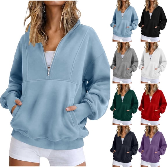 Hoodies for Women Half Zip Drawstring Solid Color Long Sleeve Pullover Hooded Sweatshirt Winter Casual Sport Tops
