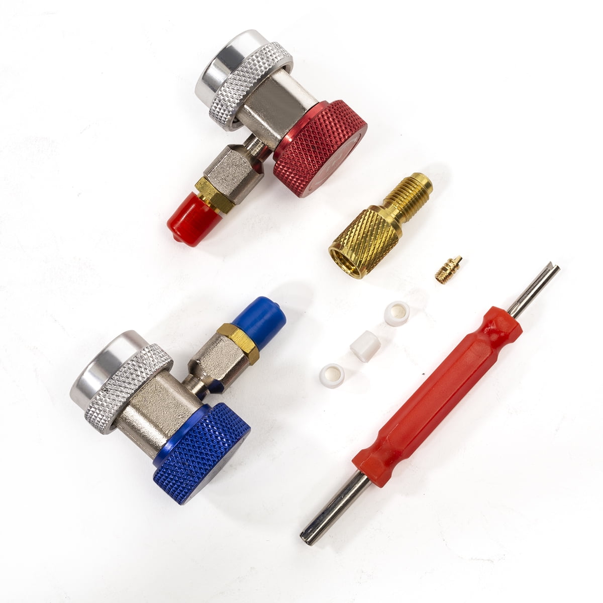 JIFETOR 4 Way AC Manifold Gauge Set HVAC Diagnostic Freon Charging Tool for Auto Household R404A R134A R22 R410A ACME Tank Adapters with 5FT Hose Adjustable Can Tap Adjustable Quick Coupler