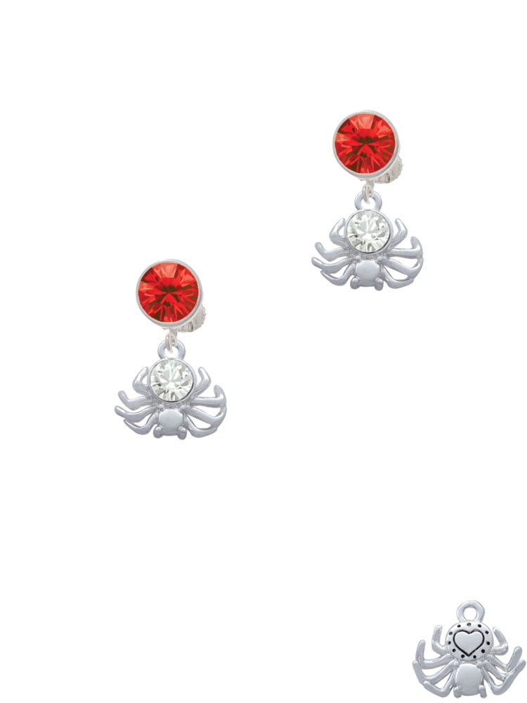 Delight Jewelry Silvertone 3-D Clear Crystal Spider Red Crystal Clip on Earrings