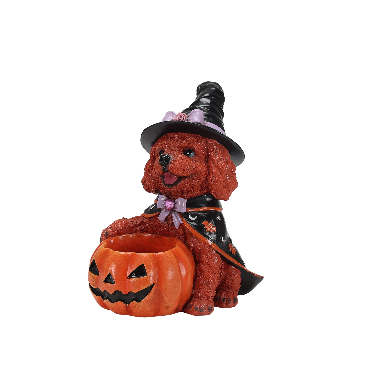 Teddy Dog Figurine 12.6 Inch, Halloween Witch Puppy Statue with Pumpkin Candy Bowl, Cute Dog Decor for Tabletop and Holiday Display, Reddish Brown and Orange-Red