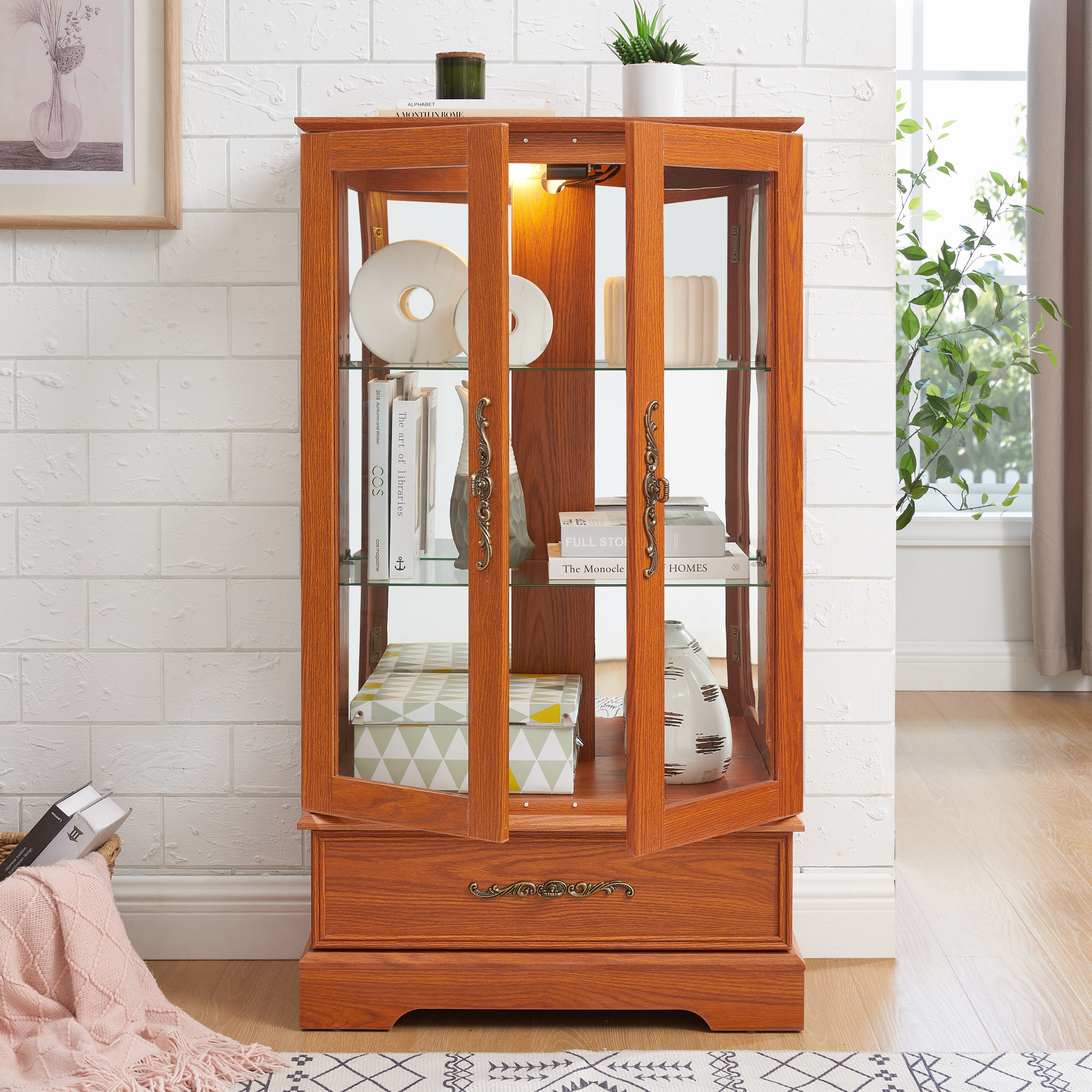 Leumius Glass Cabinet Lighted Glass Cabinet Curio Display Cabinet with Adjustable Glass Shelves 2 Doors and 1 Drawer for Living Room, Kitchen, Dining Room Dark Oak