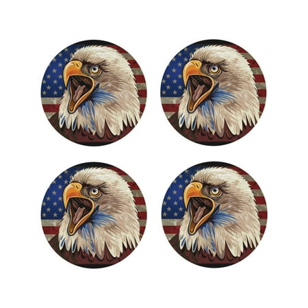 

Leather Coasters Set of 4 - Eagle With USA Flags Lightweight Non-Slip Drink Coasters for Desk Anti-Scalding Desk Cup Coasters for Office Table Decor Round Shape