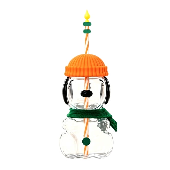 20oz Snoopy Cup Tumbler With Straw, Removable Knit Hat & Scarf, Cute Novelty Glass Cup for Iced Coffee & Cold Drinks