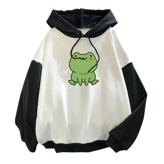 jsaierl Womens Hoodies Frog Print Cute Sweatshirt Top Cartoon Long Sleeve Color Block Hooded Pullover