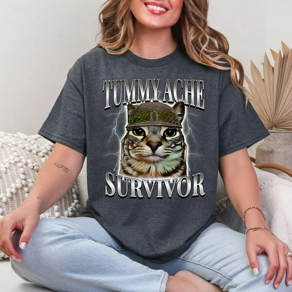 Tummy Ache Survivor Cat Shirt, Sayings Cat Shirt Men’s And Women’s Graphic Tee 100% Cotton by TBun, Full Sizes S-5XL