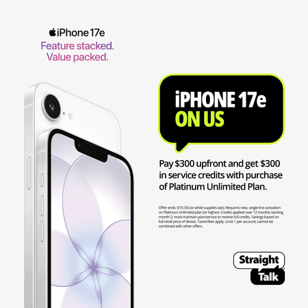 Straight Talk Apple iPhone 17e Bundle with Platinum Unlimited 30-Day Plan, 5G, 256GB, White - Prepaid Smartphone [Locked to Straight Talk]