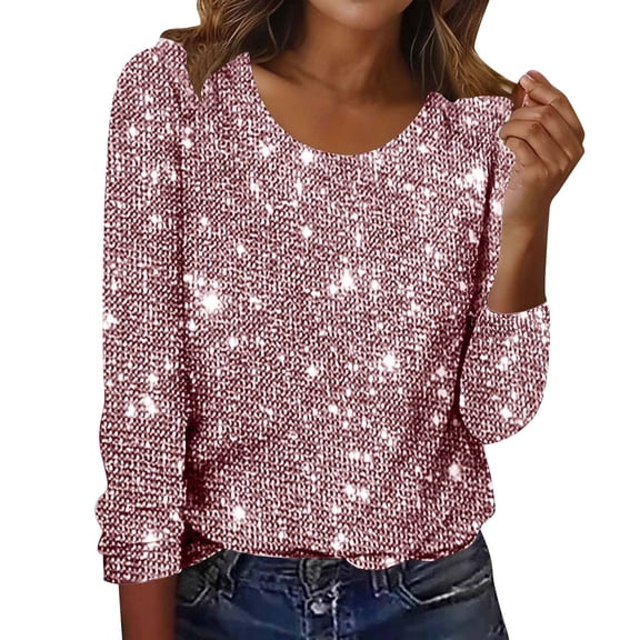 Maplenight Women's Sparkly Sequin Tops 3/4 Sleeve Glitter Dressy Blouses Crewneck Evening Party Tops