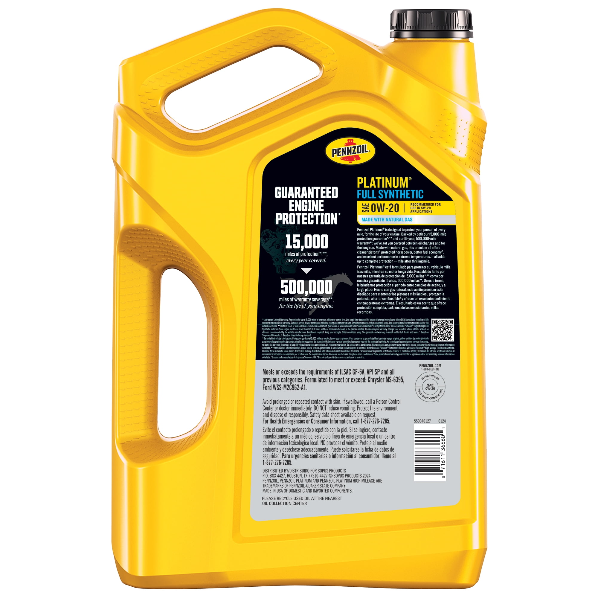 Pennzoil Platinum Full Synthetic 0W-20 Motor Oil, 5-Quart