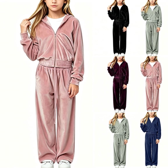 Girls Velour 2 Piece Tracksuit Set, Zip Up Long Sleeve Cropped Jacket with Wide Leg Pants, Toddler Lounge Outfit | CSEONE