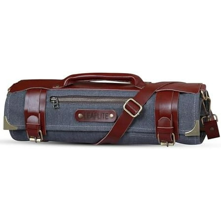 Leather Knife Roll Bag – Chef Knife Bag with 14 Pockets – Durable Canvas & Leather Knife Roll for Professional Chefs – Portable Knife Storage Case