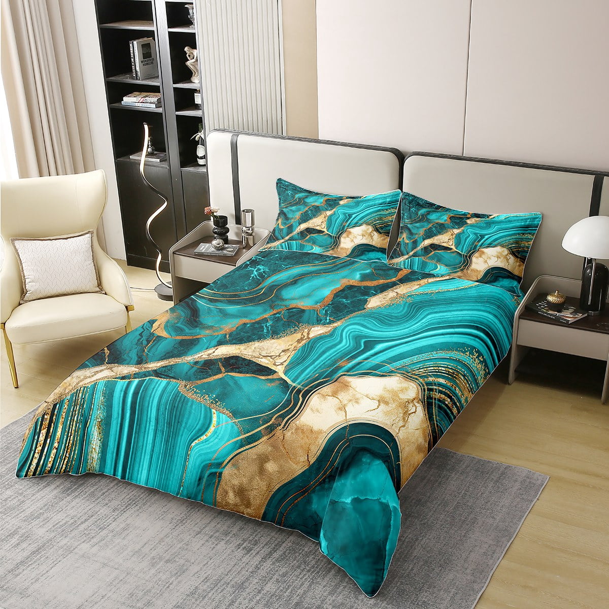 Erosebridal Green Gold Marble Duvet Cover King, Marbling Crack Print Bedding Set For Women, Abstract Metallic Texture Comforter Cover, Luxury Shinny Room Decor Boho Hippie Fluid Quilt Cover Cover