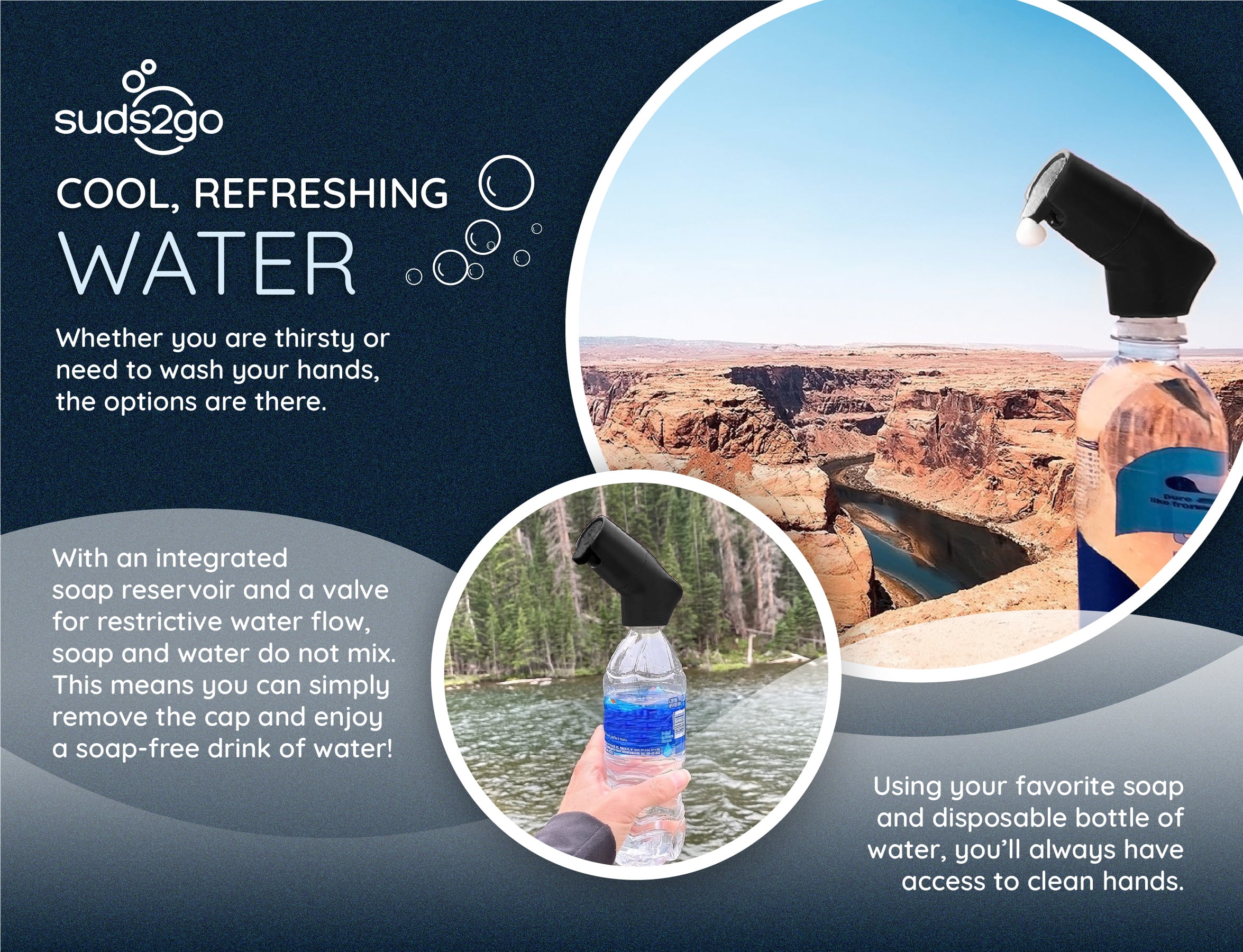 Suds2Go Refillable Caps, 2 Pack - Universal Fit Turns Most Disposable Water Bottles Into A Hand Washing Station - Includes Refillable Soap Reservoir - Conveniently Sized to Take on the Go - Black