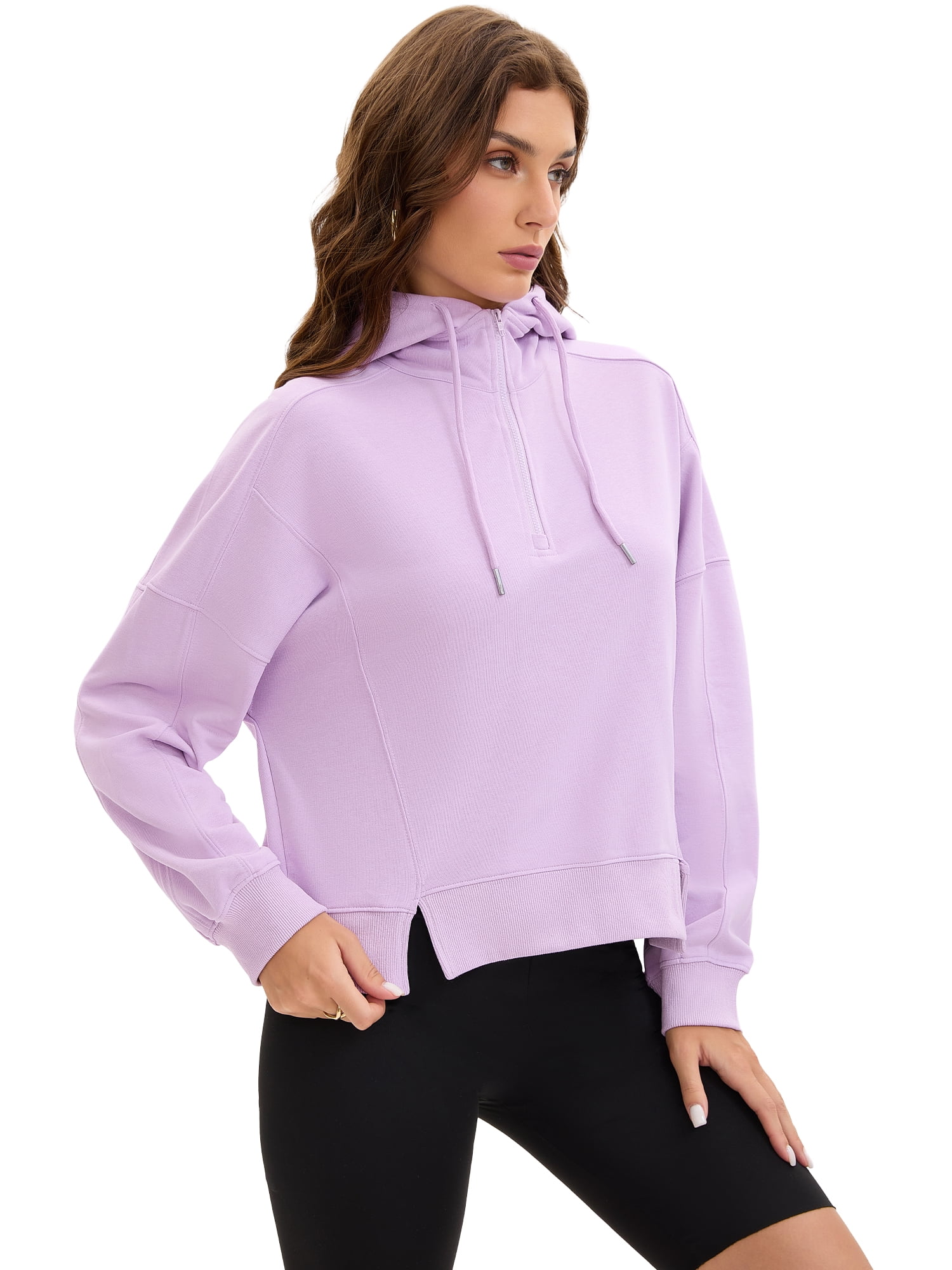 DARING DIVA Women's Stylish Cropped Half Zip Hoodie with Trendy Side Slits XL Purple