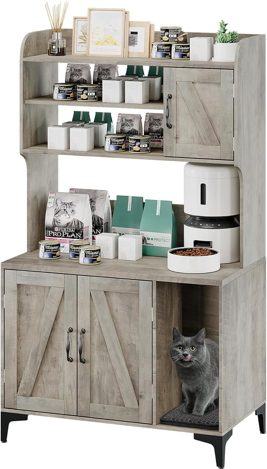 Litter Box Enclosure with Platform,51.1 inch Large Cat Litter Box Enclosure Furniture with 4 Layer Storage Shelves,Hidden Litter Box Cabinet,Multi-Functional Cat House & Washroom
