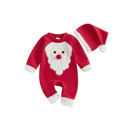 

CocMouse Baby 2Pcs Christmas Outfits Long Sleeve Santa Embroidery Romper + Hat