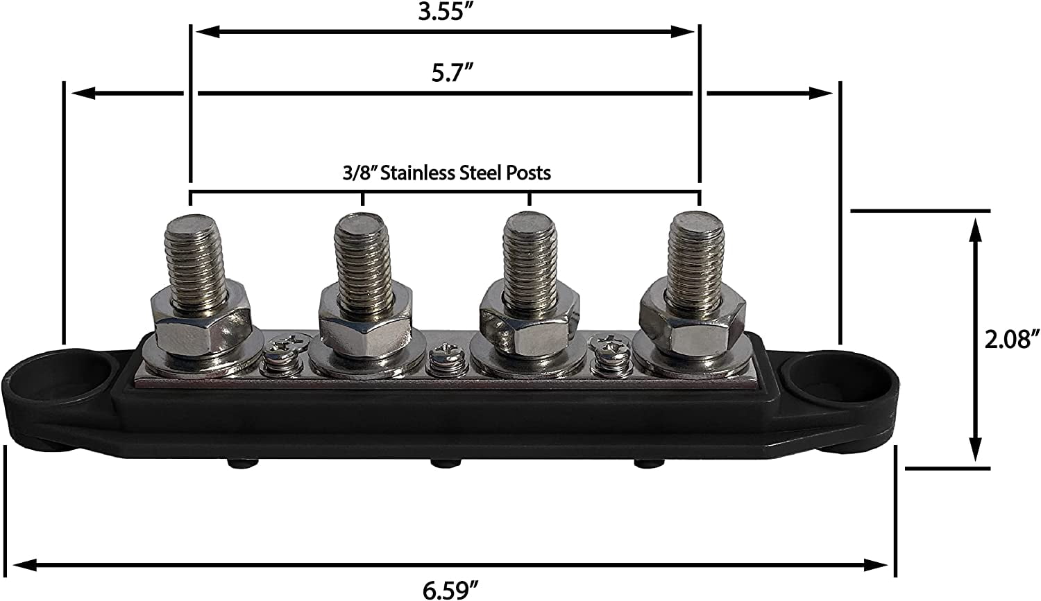 3/8" 4 Post Power Distribution Block Bus Bar with Cover M10 - 250 Amp Rating – Marine Bus Bar, Automotive, and Solar Wiring – Battery Terminal Distribution Block (3/8", Black)