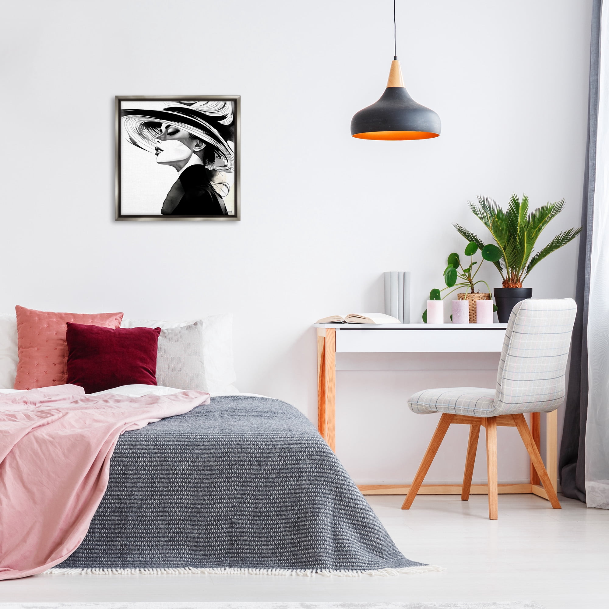 Stupell Industries Woman & Abstract Hat Abstract Painting Gray Floater Framed Canvas Art Print Wall Art, 25 x 25
