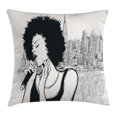 thumbnail image 1 of Afro Decor Throw Pillow Cushion Cover, American Jazz Music Girl Performing in front of New York Manhattan Illustration, Decorative Square Accent Pillow Case, 18 X 18 Inches, Black Grey, by Ambesonne, 1 of 2