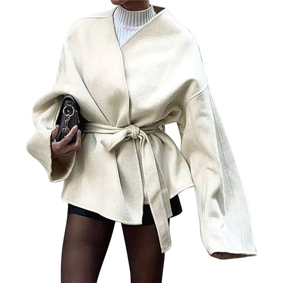 Women's V-Neck Long Sleeve Belted Wrap Style Pea Coat Winter Warm Jacket Cream White M