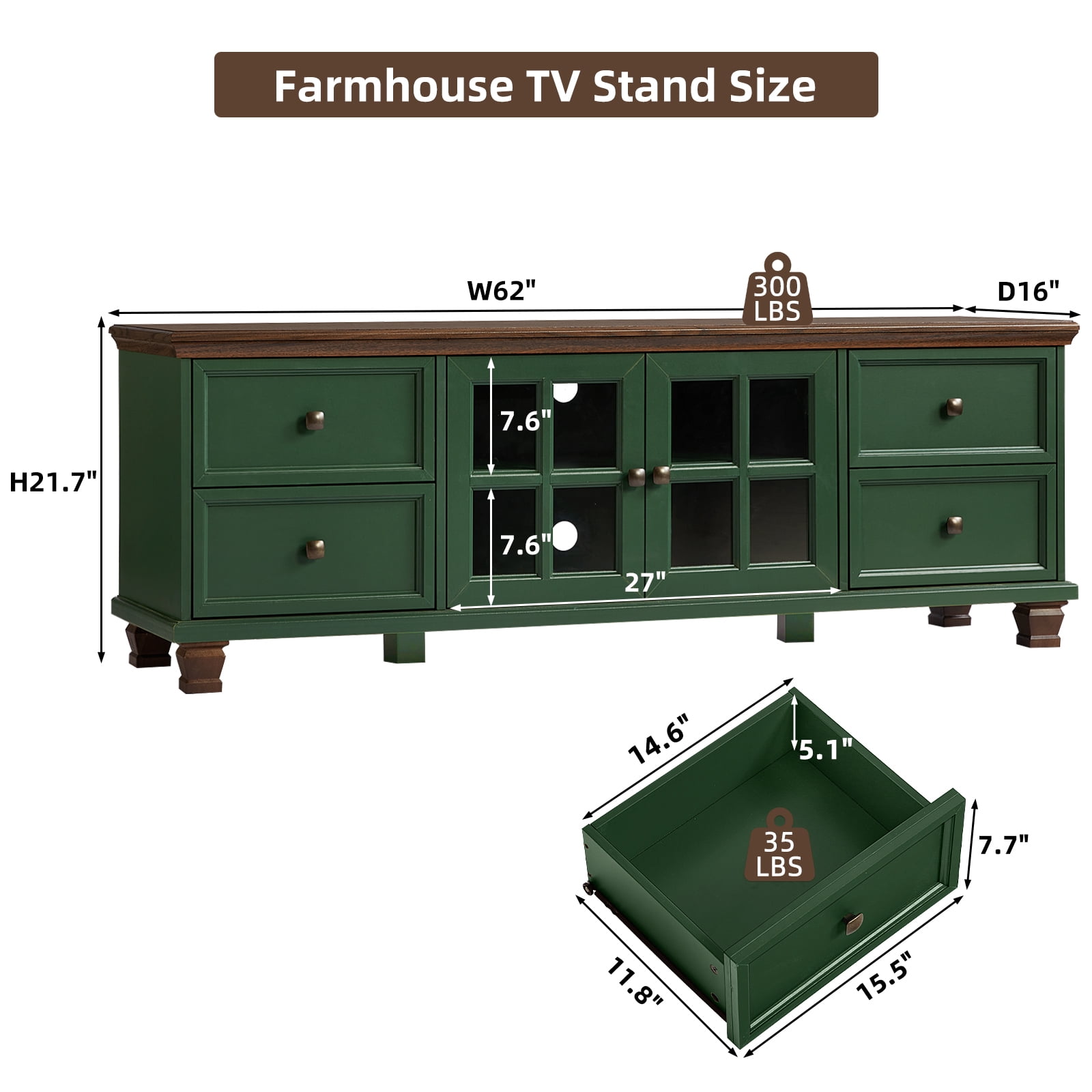 Buildhom Farmhouse TV Stand with Storage, 4-Drawer Rustic Brown Entertainment Center for Living Room, Green