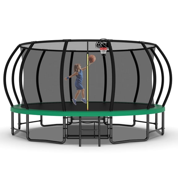 Leumius 16FT Trampoline for Kids and Adults,Outdoor Pumpkin Trampolines with Curved Poles,Heavy Duty Recreational Trampoline with Ladder and Basketball Hoop,Green