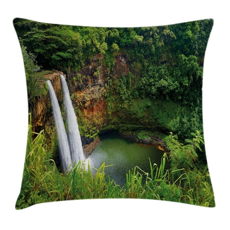 Majestic Square Two Light - Landscape Throw Pillow Cushion Cover, Majestic Twin Wailua Waterfalls Kauai Hawai Greenery Forest Grass Nature Scenic View, Decorative Square Accent Pillow Case, 16 X 16 Inches, Green, by Ambesonne