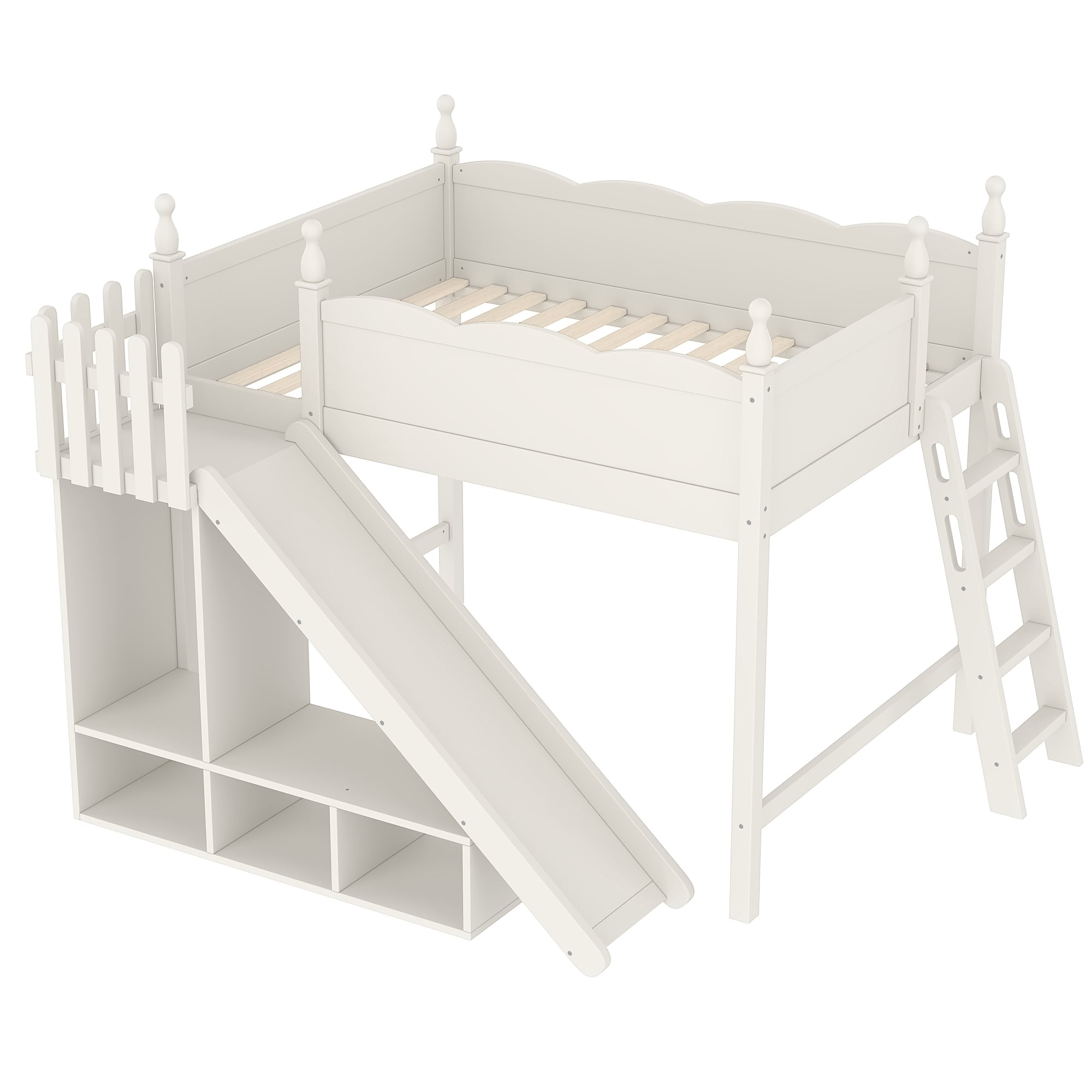 Leumius Full Loft Bed Frame with Storage Shelves and Wardrobe, Solid Wood Loft Bed with Detachable Slide and Ladders for Kids Teens Adults Beige