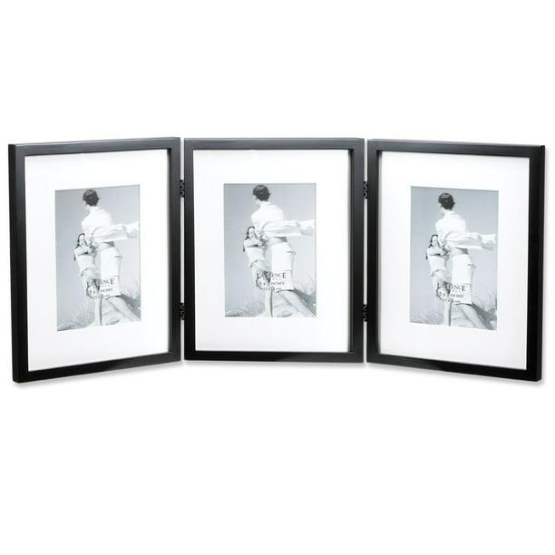 Black Wood 8x10 Hinged Triple Picture Frame Comes with Bevel Cut Mats