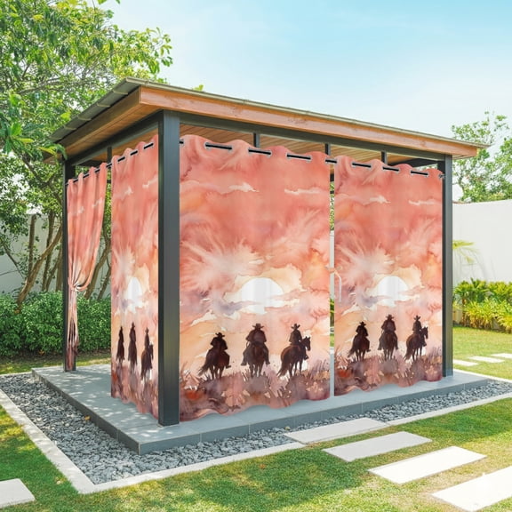 Cowboys on Horses Outdoor Curtains for Patio, Watercolor Western Art Sunset Desert Sunshade Privacy Drapes Grommet Waterproof Outside Curtains for Porch/Cabana/Balcony 54"x 108", 1 Panel