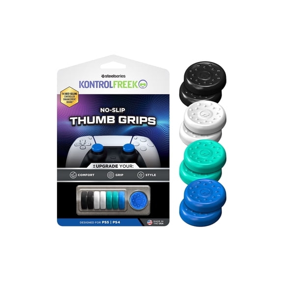 KontrolFreek No-Slip Thumb Grips for PlayStation 5 (PS5) and PlayStation 4 (PS4) Controller | 8 Pack | Blue. Light Blue, White and Black