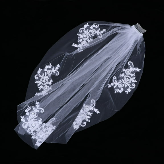 Masteelf Elegant Crystal Beaded Short Bridal Veils with Lace Appliques 1 Set White