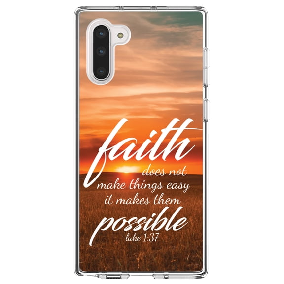 DistinctInk Clear Shockproof Hybrid Case for Samsung Galaxy Note 10 (6.3" Screen) - TPU Bumper, Acrylic Back, Tempered Glass Screen Protector - Luke 1:37 - Faith Does Not Make Easy Makes Possible