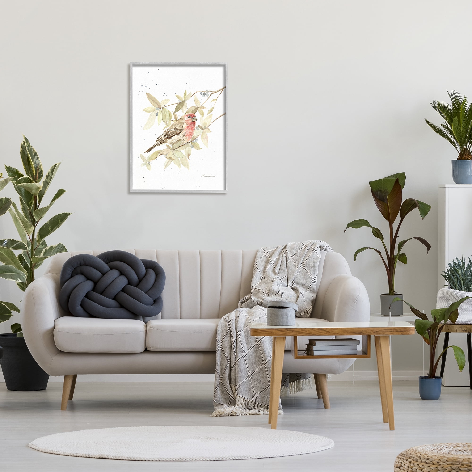 Stupell Industries Bird on Branch Watercolor Animals & Insects Painting Gray Framed Art Print Wall Art, 24 x 30