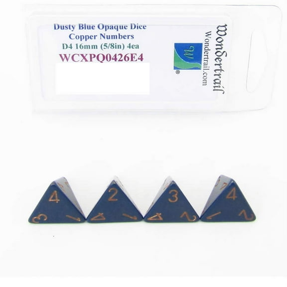 Dusty Blue Opaque Dice with Copper Numbers D4 Aprox 16mm (5/8in) Pack of 4 Wondertrail