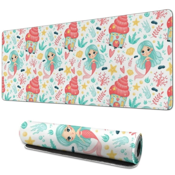 Long Mouse Pads for Desk,Colorful Mermaid Princess Pattern Desk Mats on Top Of Desks, Desk Mouse Pad Extra Large with 3mm Non-Slip Base and Stitched Edge for Gaming,Office,Work,Home 31.5"x11.8"