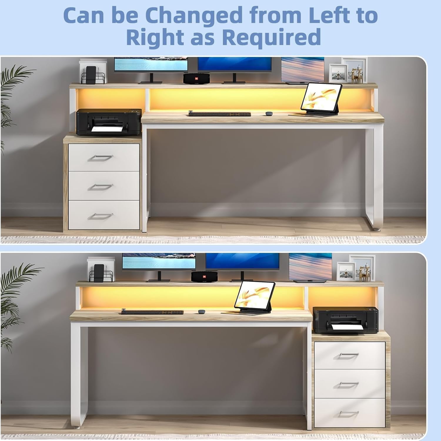 DreamCurship 67 inch Computer Desk with Monitor Stand, Writing Desk with Adjustable LED Light, Reversible Home Office Desk with 3 Storage Drawers, White and Walnut