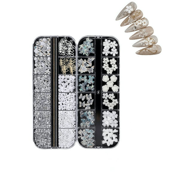 2 Packs Nail Charms & Nail Art Gems: 3D Butterfly Flower Bear Acrylic Rhinestones with Pearls, Gold Metal Backing for Nails (Multi-Shape)
