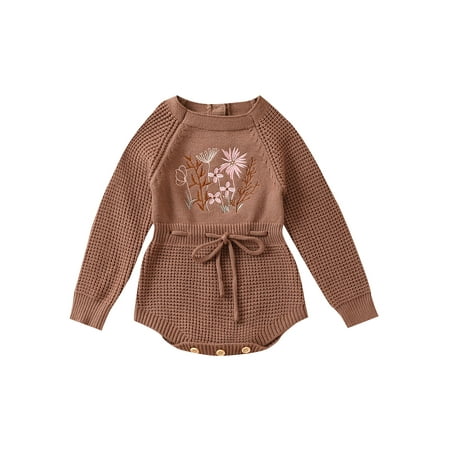 

Bmnmsl Girl Knit Jumpsuit Flower Embroidery Long Sleeve Drawstring Romper