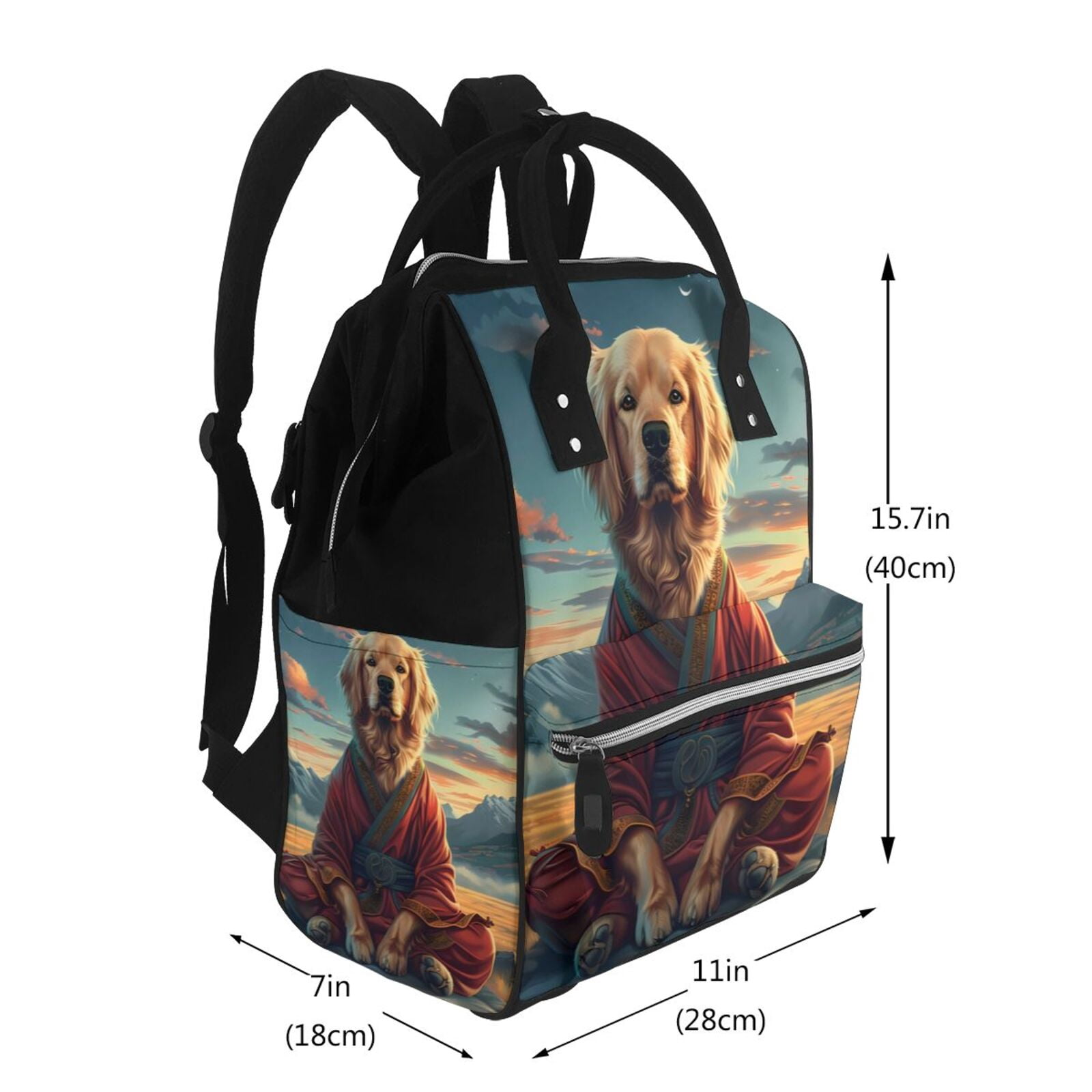 Ratiio Meditating Golden Retriever Mummy Backpack - Waterproof Twill Canvas, Large Capacity Diaper Bag with Multiple Pockets and Adjustable Straps