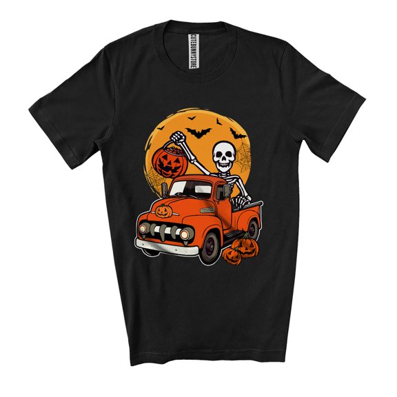 Skeleton Driving Pick Up Truck; Humorous Halloween Moon Skeleton Candy Pumpkin; Boys Family Unisex T-Shirt